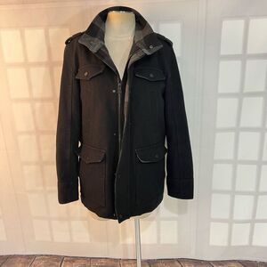 Guess Black Wool Blend Full Zip Insulated Quilted Military Car Coat Size Medium